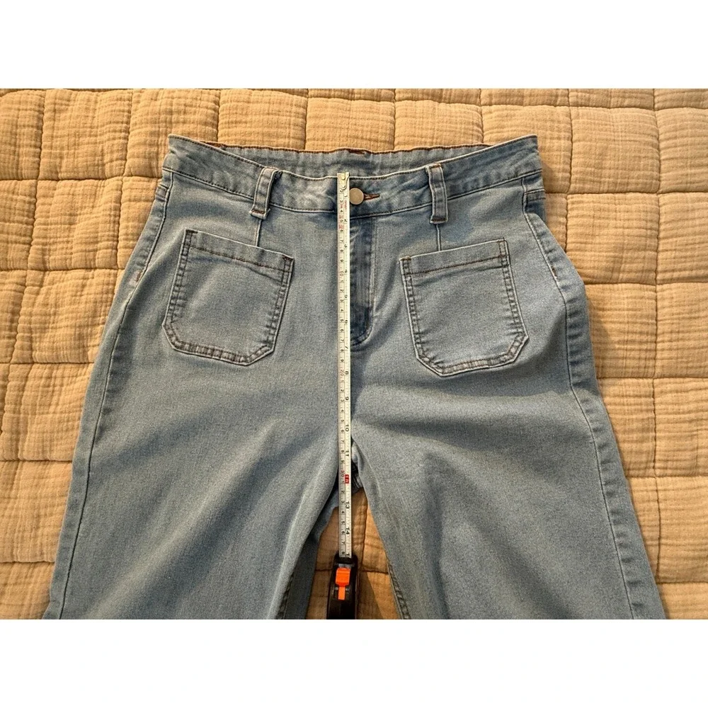 Unbranded Jeans Women XL Blue Wide Leg High Rise Front Patch Pockets Stretch